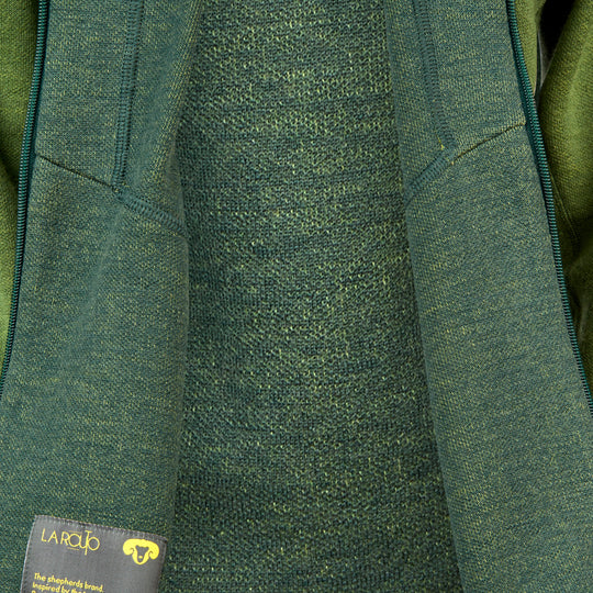 La Routo - Transhumance, pullover vert, écologique et équitable avec mérinos biologique tricotée en France